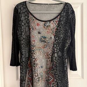 Dress Barn Black Sheer Animal-Print Layered Tunic with Multicolor Lace Panel